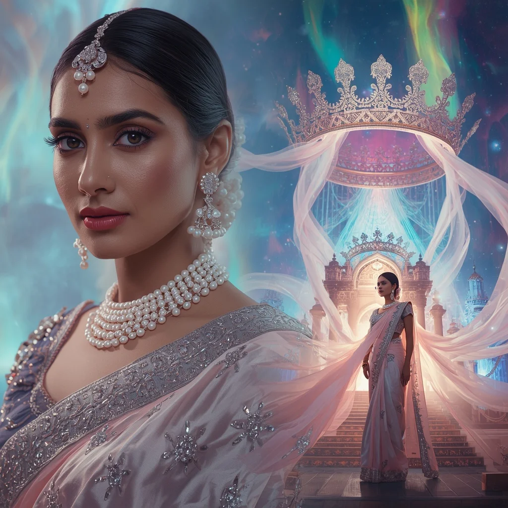 Festive Pastel Saree Diamond Aurora Crown Palace Collage | Desi Girl Ai Prompt