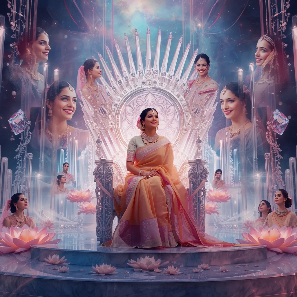 Festive Pastel Saree Diamond Aurora Infinity Throne Collage Premium | Gemini Ai Photo Prompt