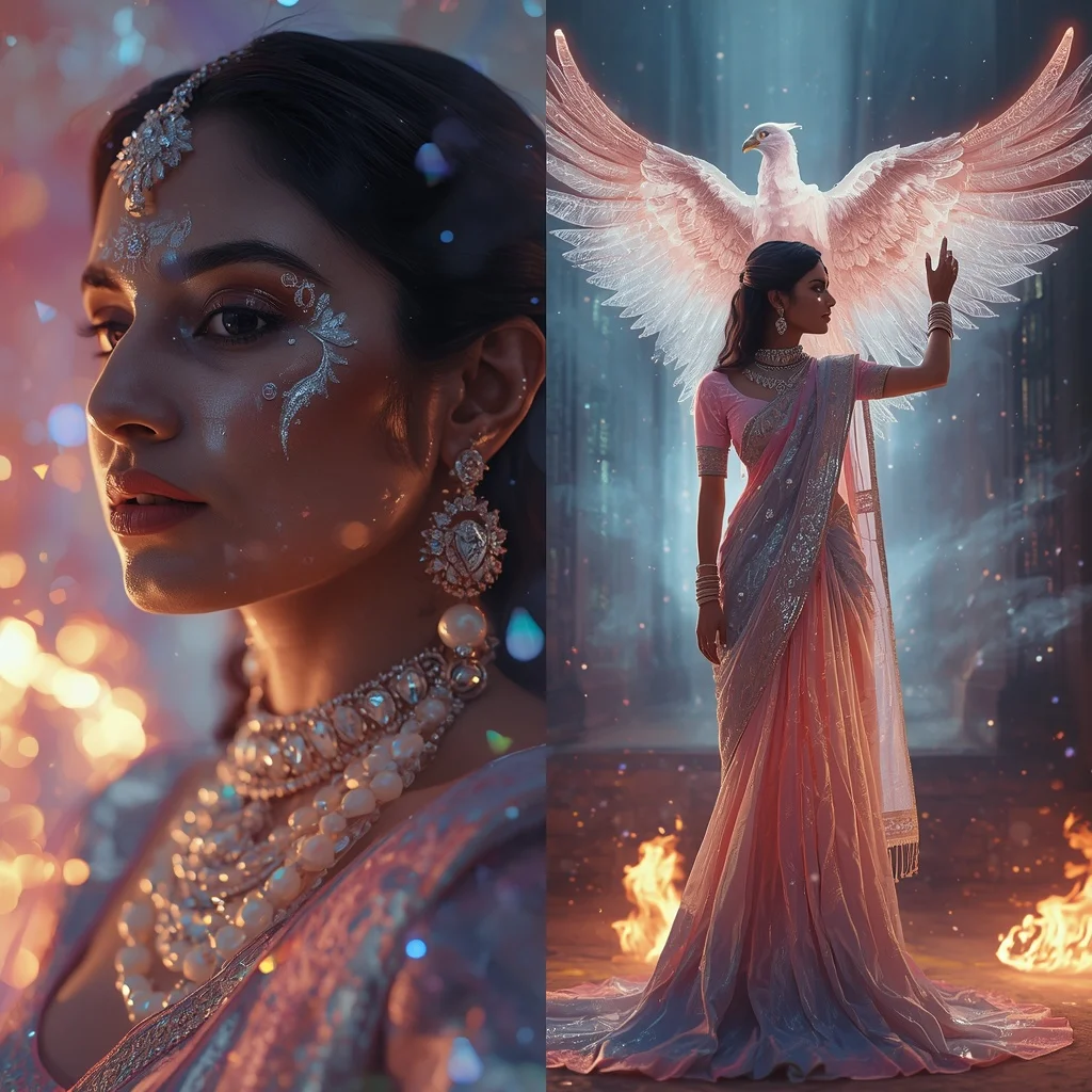 Festive Pastel Saree Diamond Aurora Phoenix Sanctuary Collage | ChatGPT Photo Editing Prompts Trending Instagram For Girl