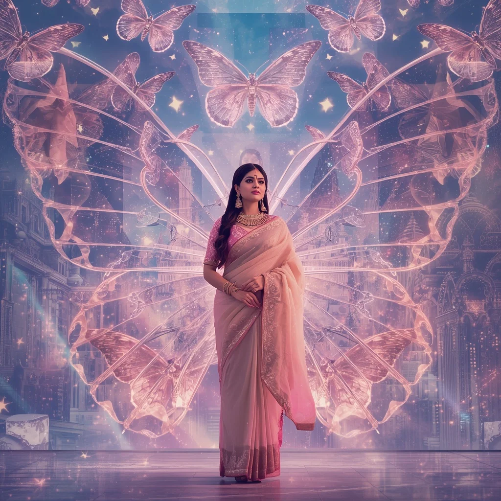 Festive Pastel Saree Diamond Butterfly Galaxy Empire Collage Premium | Trending Prompts For Instagram For Girl
