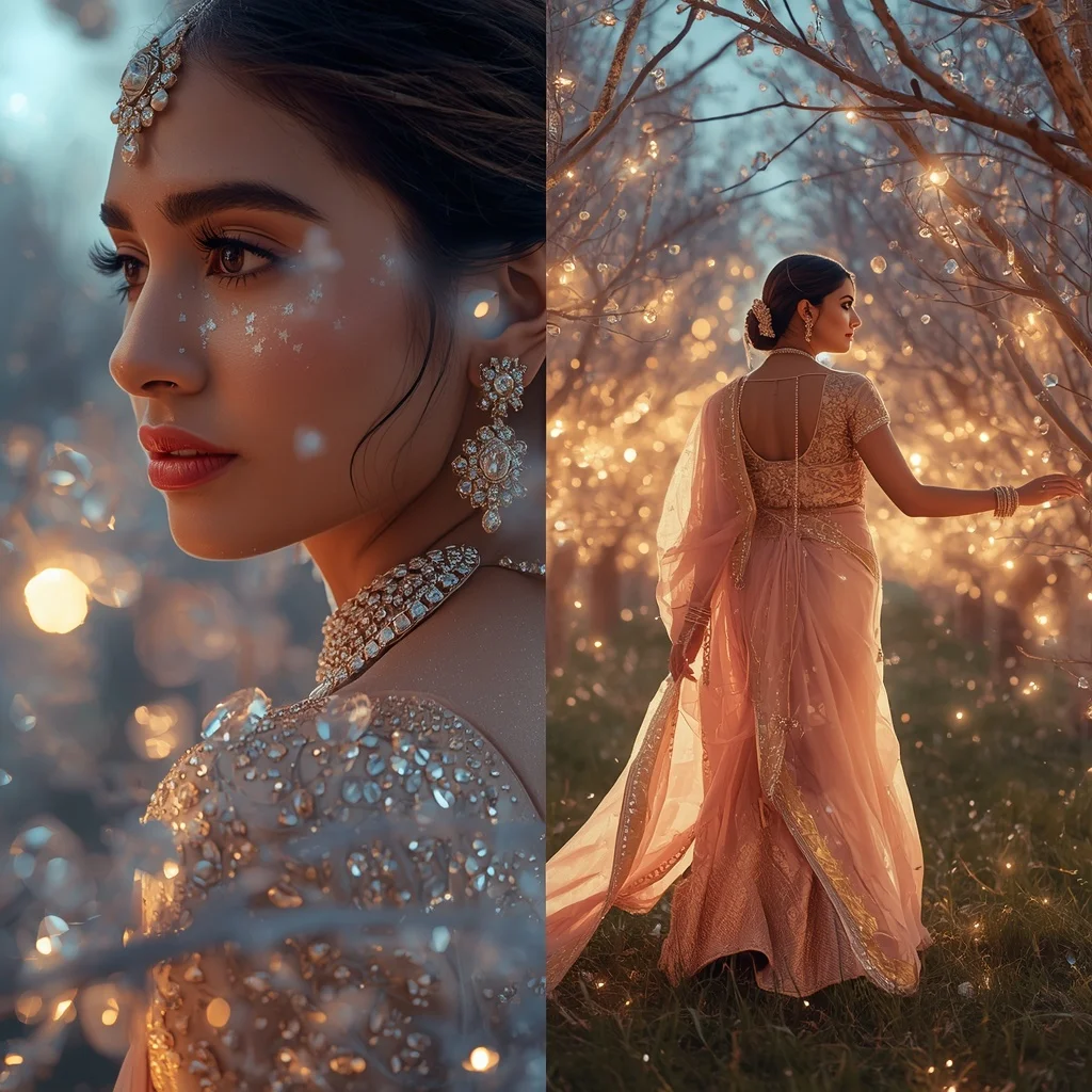 Festive Pastel Saree Diamond Comet Orchard Collage | Girl Photo Prompt Gemini