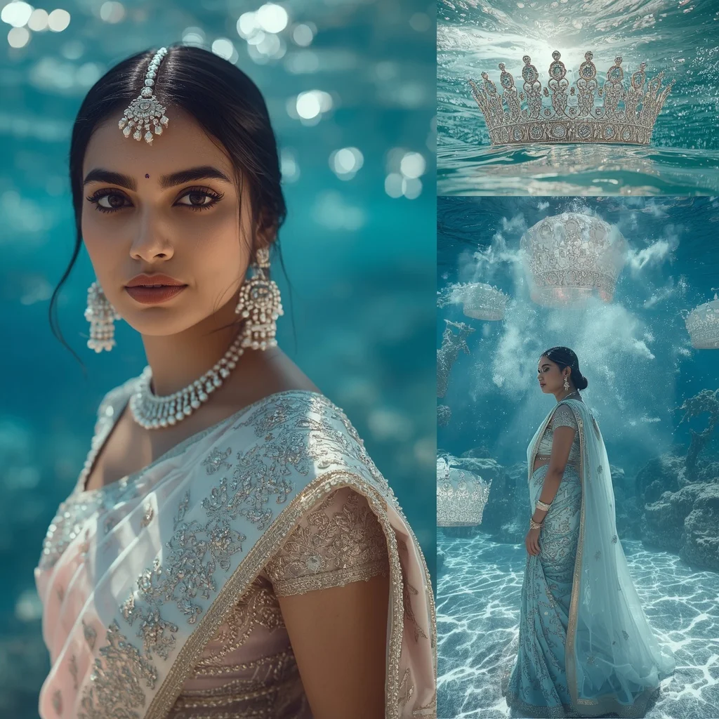 Festive Pastel Saree Diamond Crown Reef Ocean Collage | Desi Girl Ai Prompt