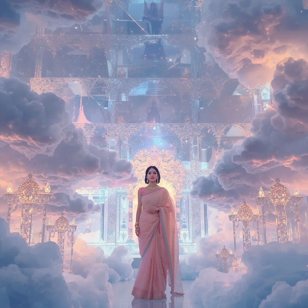 Festive Pastel Saree Diamond Crystal Cloud Palace Collage Premium | Pre Wedding Ai Prompt