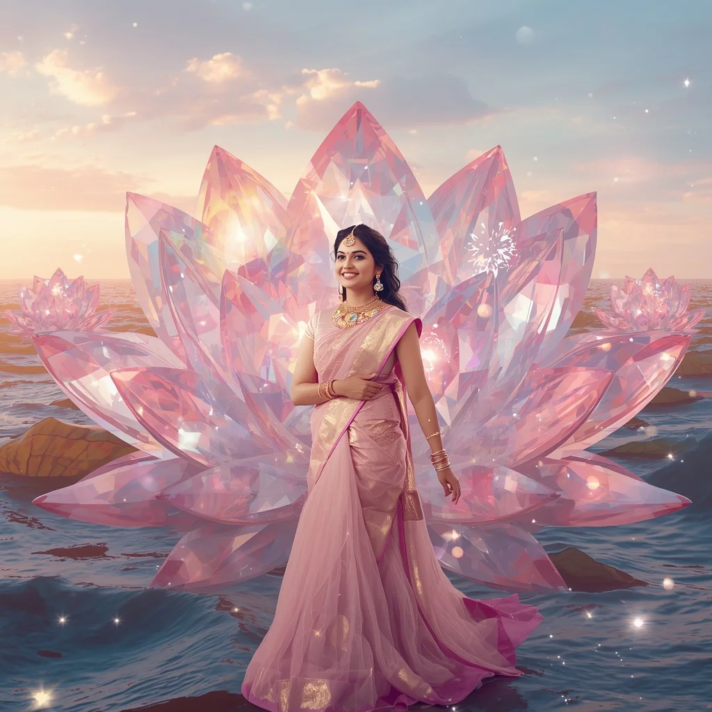 Festive Pastel Saree Diamond Crystal Lotus Horizon Collage Premium | Art Ai Prompt