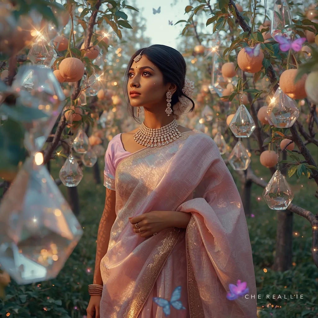 Festive Pastel Saree Diamond Crystal Star Orchard Collage Luxury | Prompt For Gemini Ai Girl Model Instagram