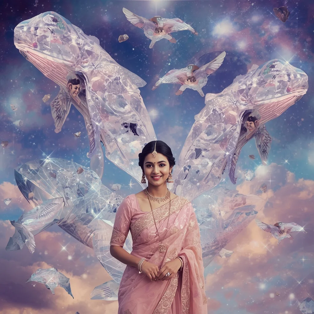 Festive Pastel Saree Diamond Crystal Whale Kingdom Collage Luxury | Indian Girl Ai Prompt