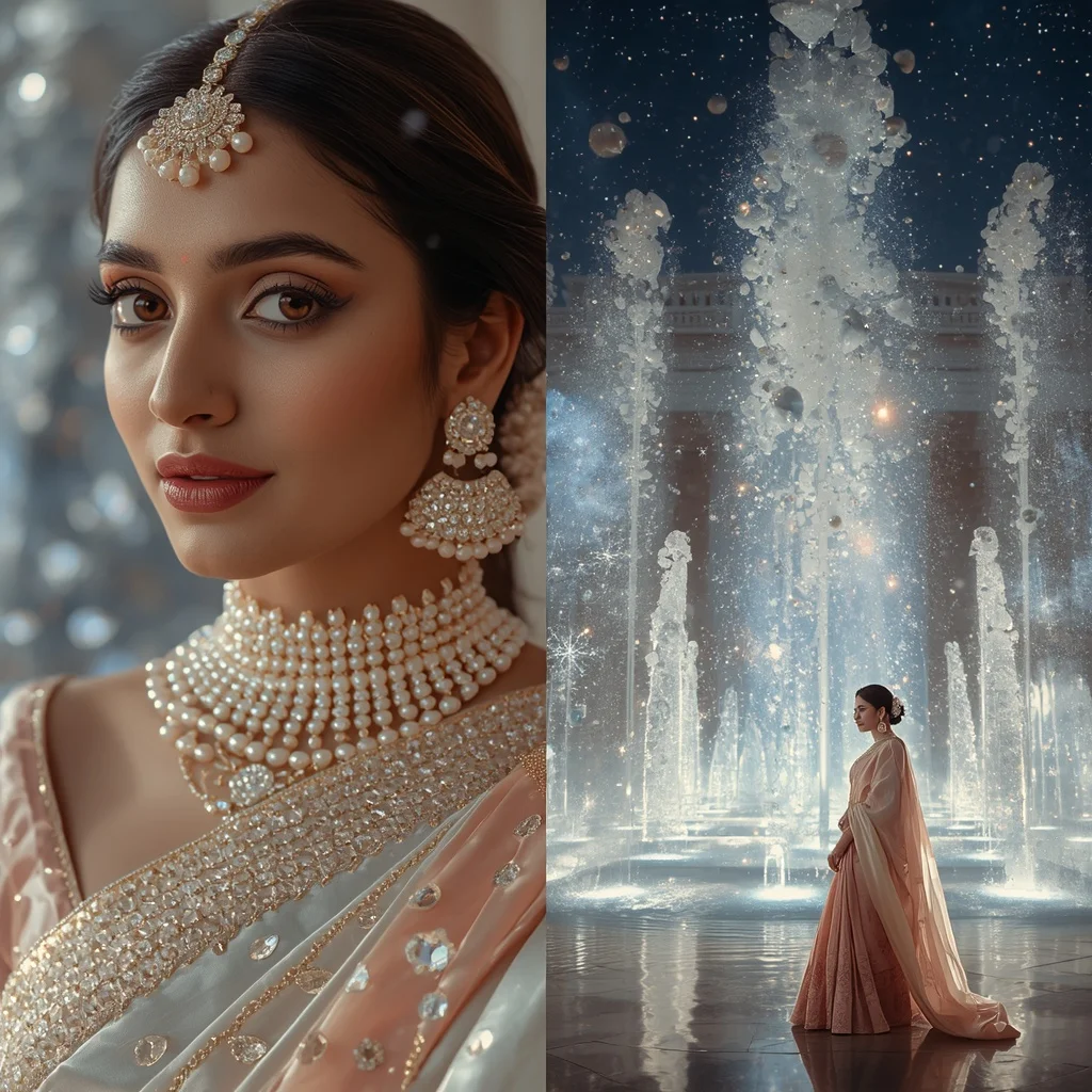 Festive Pastel Saree Diamond Galaxy Fountain Palace Collage | Desi Girl Ai Prompt