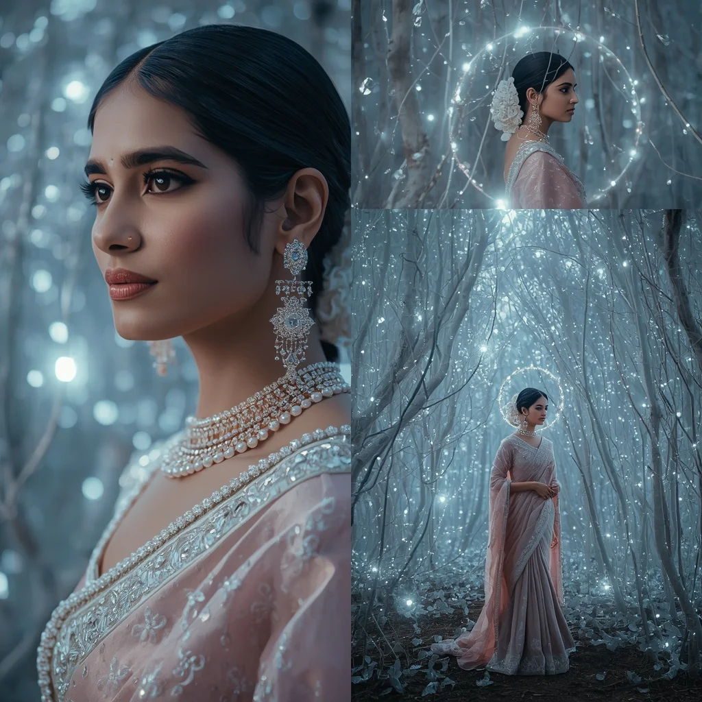 Festive Pastel Saree Diamond Halo Forest Collage | Image To Prompt