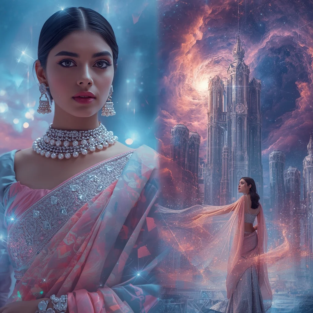 Festive Pastel Saree Diamond Nebula Clocktower Realm Collage | Prompt Generator