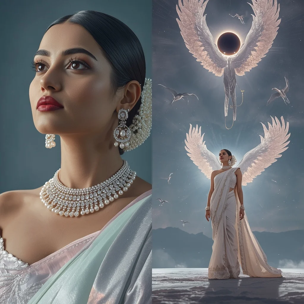 Festive Pastel Saree Diamond Phoenix Eclipse Sanctuary Collage | Prompt Seen Girl Photo Editing Trending Instagram