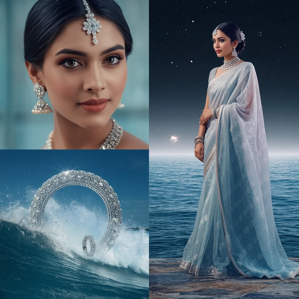 Festive Pastel Saree Diamond Planet Ring Ocean Collage | Prompt For Gemini AI Girl Trending