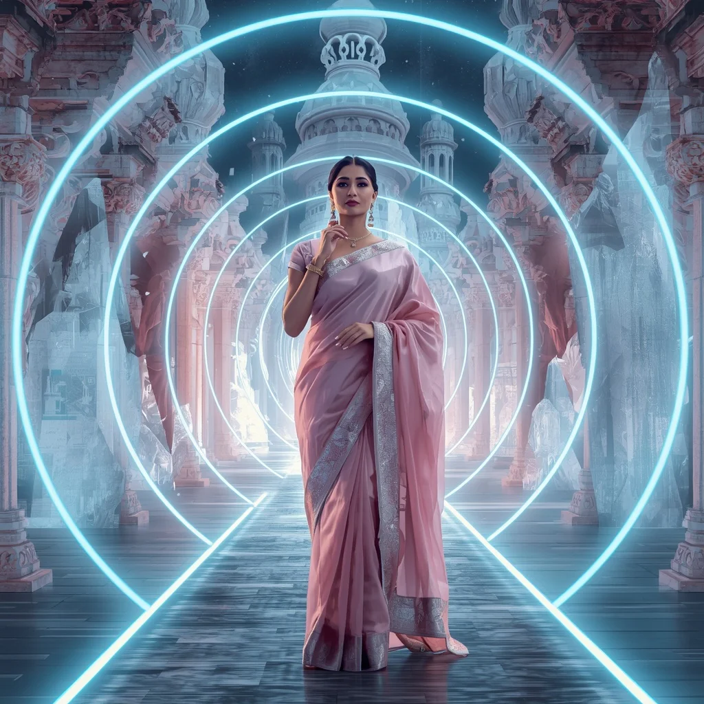 Festive Pastel Saree Digital Halo Crystal Kingdom Modern Collage | Prompt Generator