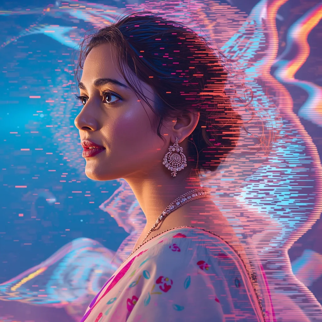 Festive Pastel Saree Digital Pixel Wave Prompt with Flow Distortion Layers and Cinematic Depth Design | Chatgpt Prompt Examples