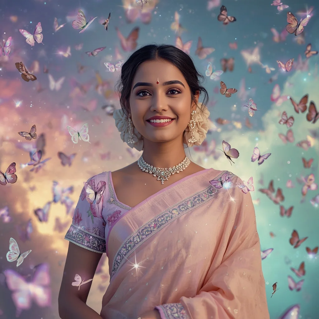 Festive Pastel Saree Dream Butterfly Nebula Kingdom Collage Cinematic Aesthetic | Saree Whatsapp Dp Ai Prompt