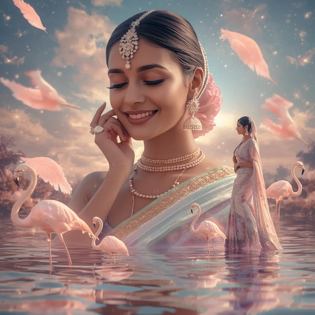 Festive Pastel Saree Dream Crystal Flamingo Paradise Collage Cinematic Aesthetic | Ai Portrait Prompt