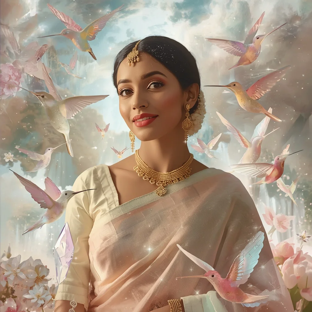 Festive Pastel Saree Dream Crystal Hummingbird Garden Collage Cinematic Aesthetic | Gemini Ai Prompt