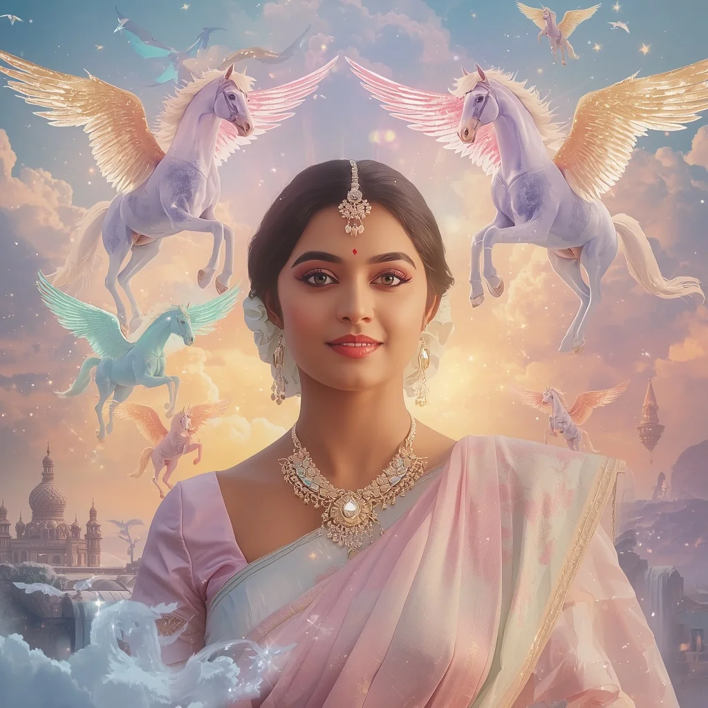 Festive Pastel Saree Dream Crystal Pegasus Kingdom Collage Cinematic Aesthetic | Google Prompt
