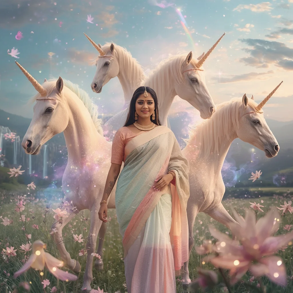 Festive Pastel Saree Dream Crystal Unicorn Valley Collage Cinematic Aesthetic | Gemini Ai Photo