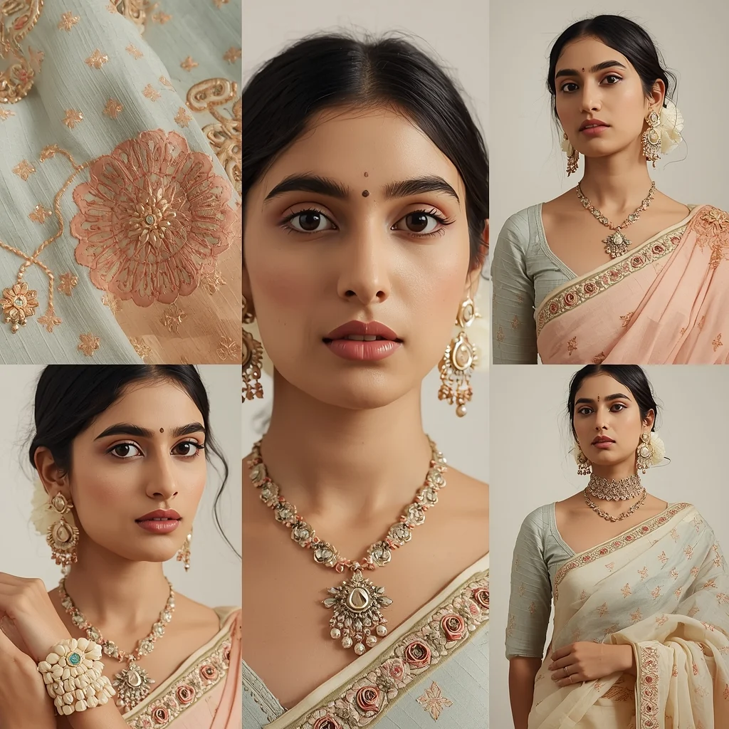 Festive Pastel Saree Embroidery Focus Collage | Indian Girl Detail Luxury Aesthetic Soft Cinematic Viral Prompt | Saree Prompt For Instagram