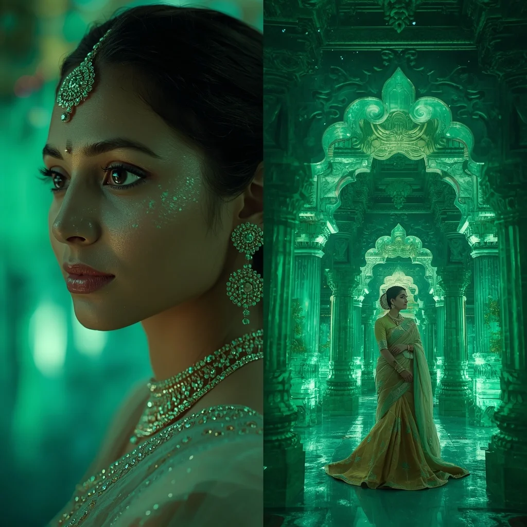 Festive Pastel Saree Emerald Aurora Crystal Temple Collage | Female Model Ai Prompt