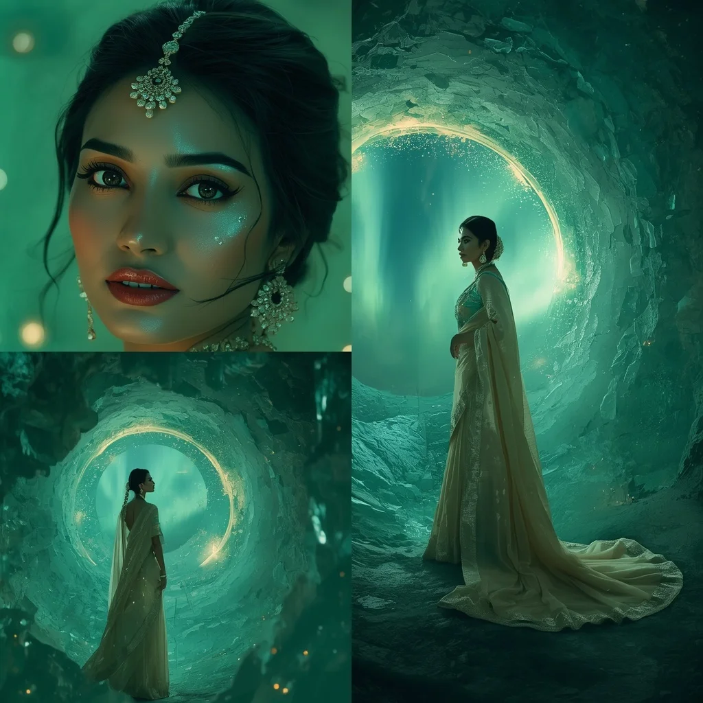 Festive Pastel Saree Emerald Aurora Spiral Canyon Collage | ChatGPT Photo Editing Prompts Trending Instagram For Girl