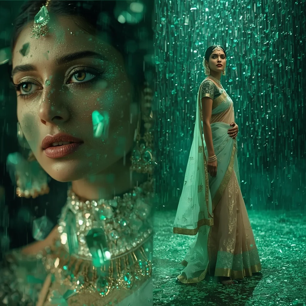 Festive Pastel Saree Emerald Crystal Rain Kingdom Collage | Indian Girl Ai Prompt