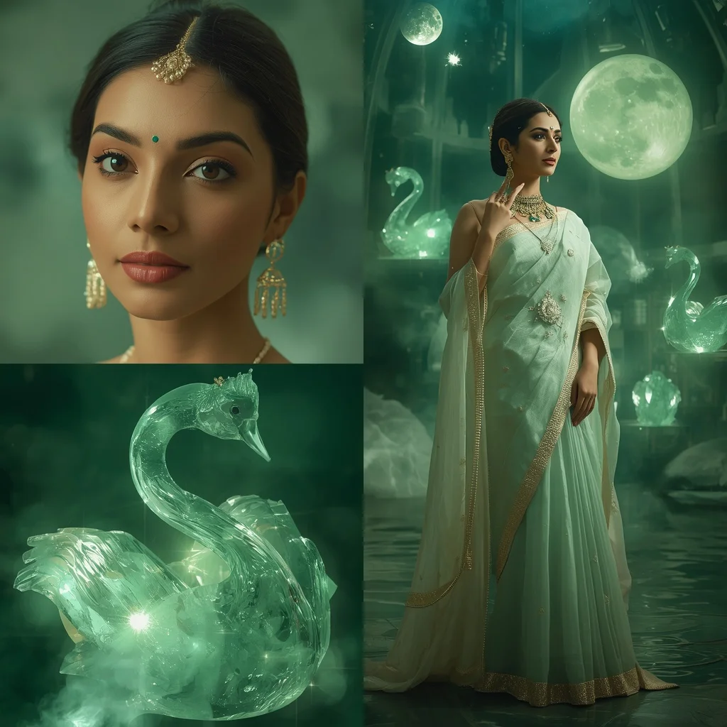 Festive Pastel Saree Emerald Crystal Swan Observatory Collage | Gemini Ai Photo Prompt Copy Paste