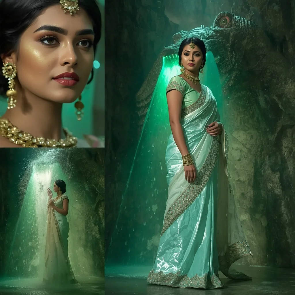Festive Pastel Saree Emerald Dragon Waterfall Palace Collage | Art Ai Prompt