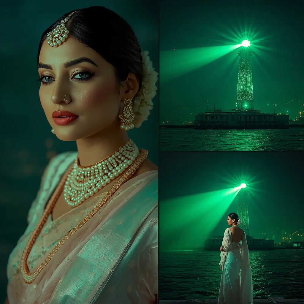 Festive Pastel Saree Emerald Galaxy Lighthouse Harbor Collage | Prompt Seen Girl Photo Editing ChatGPT