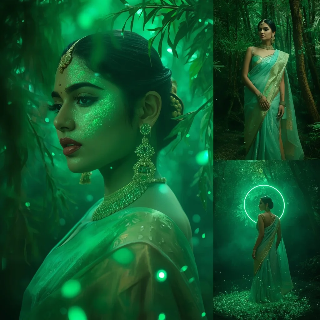 Festive Pastel Saree Emerald Halo Ocean Forest Collage | Girl Photo Prompt Gemini