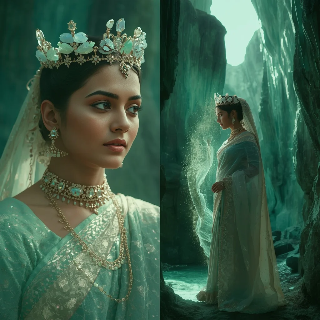 Festive Pastel Saree Emerald Moonstone Crown Valley Collage | New Instagram Trend Prompt For Girl Aesthetic