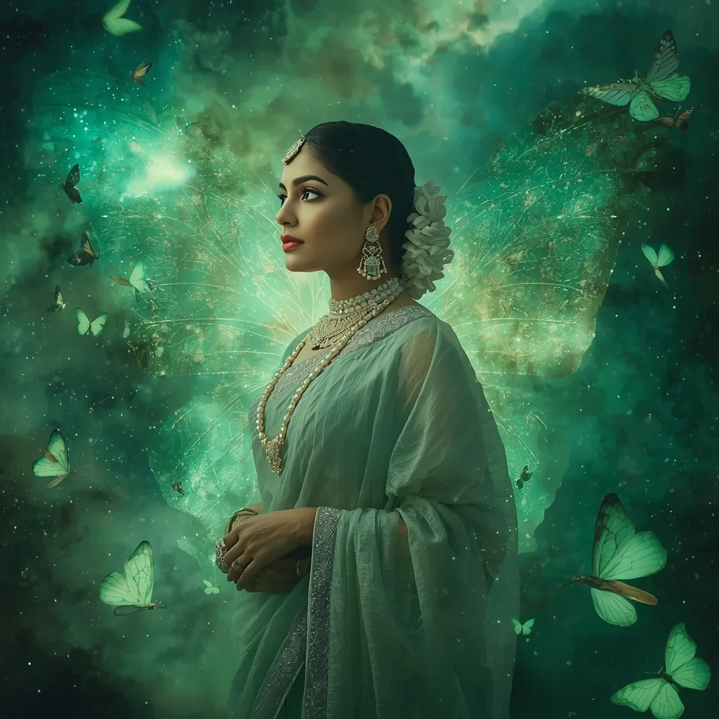 Festive Pastel Saree Emerald Nebula Butterfly Realm Collage | Female Model Ai Prompt