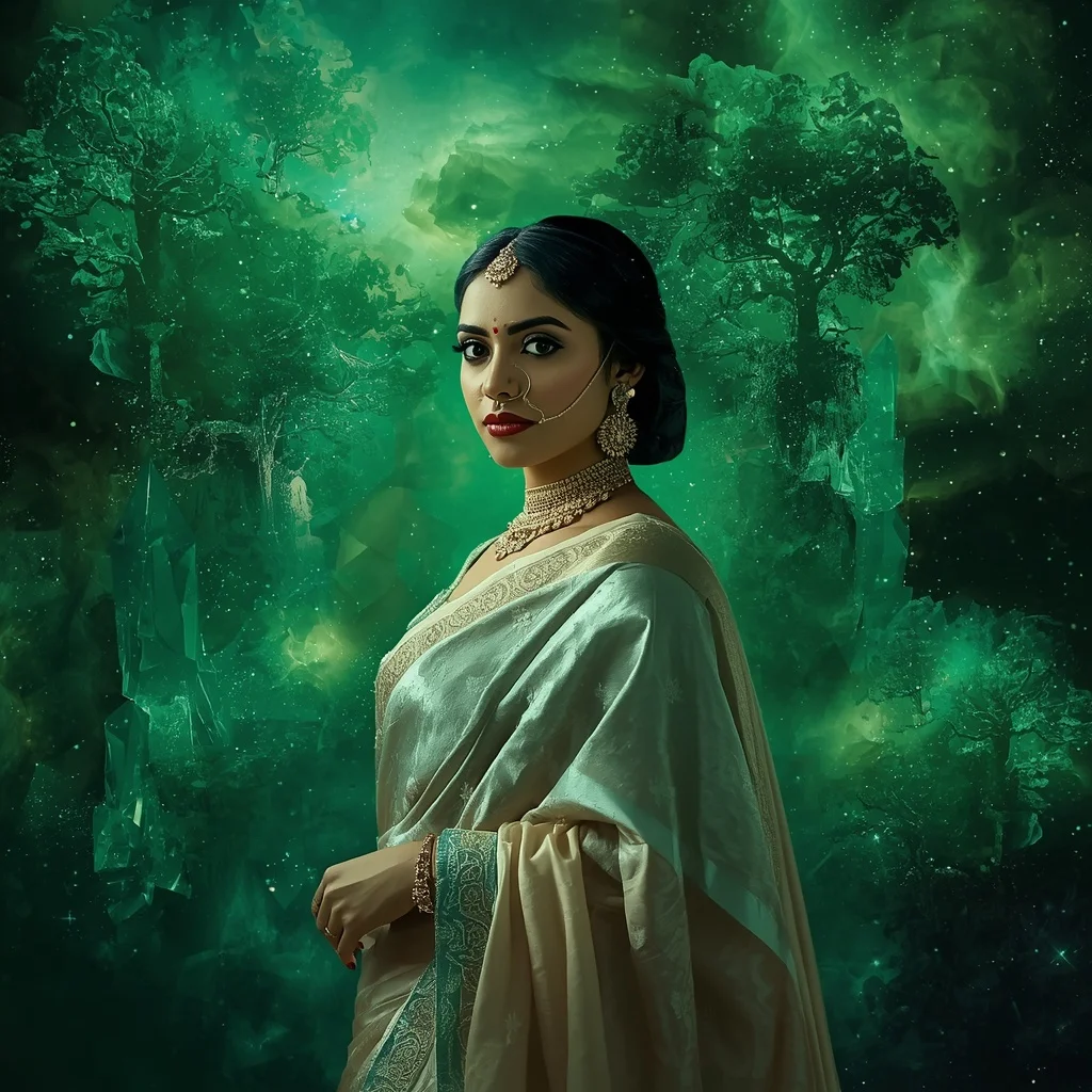 Festive Pastel Saree Emerald Nebula Crystal Forest Collage | Youtube Thumbnail Ai Prompt