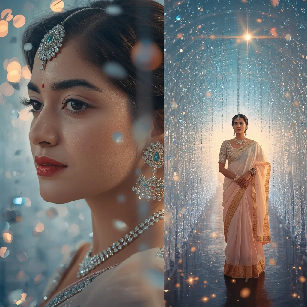 Festive Pastel Saree Enchanting Ethereal Crystal Tunnel Collage | Magical Fantasy Prompt | Saree Trending Ai Prompt