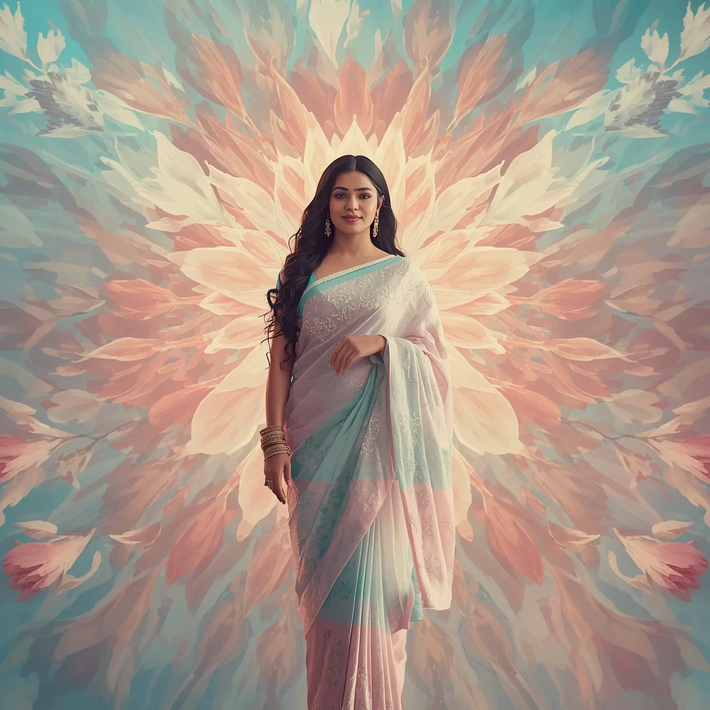 Festive Pastel Saree Energy Aura Paradise Bloom Collage Cinematic | Woman Pose Ai Prompt