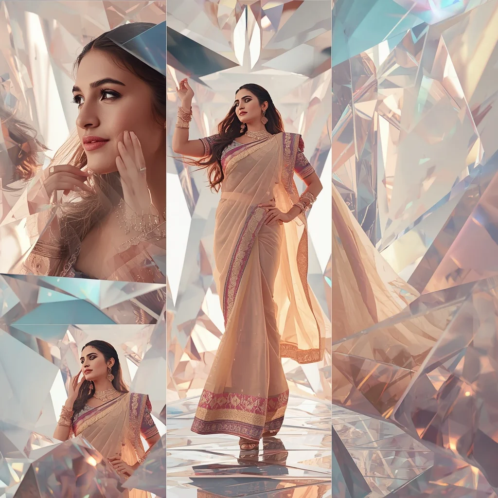 Festive Pastel Saree Entropy Shatter and Recursive Crystal Collage | Female Model Ai Prompt