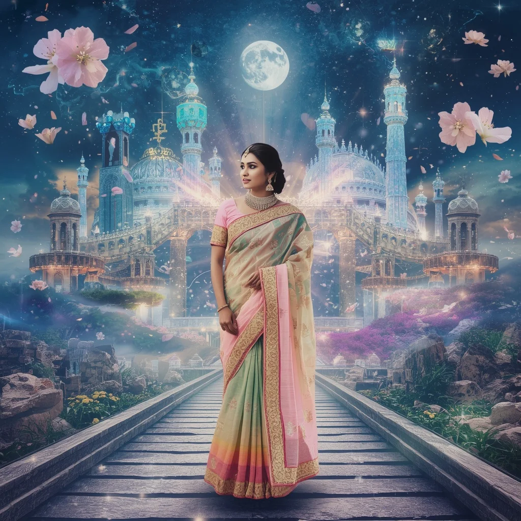 Festive Pastel Saree Eternal Aurora Diamond Celestial Wonderland Collage | Prompt Ai