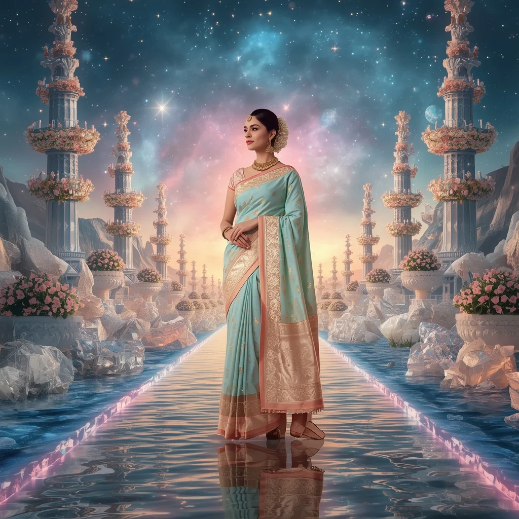 Festive Pastel Saree Eternal Aurora Diamond Imperial Universe Collage Cinematic Luxury | Gemini Photo Editing Prompt