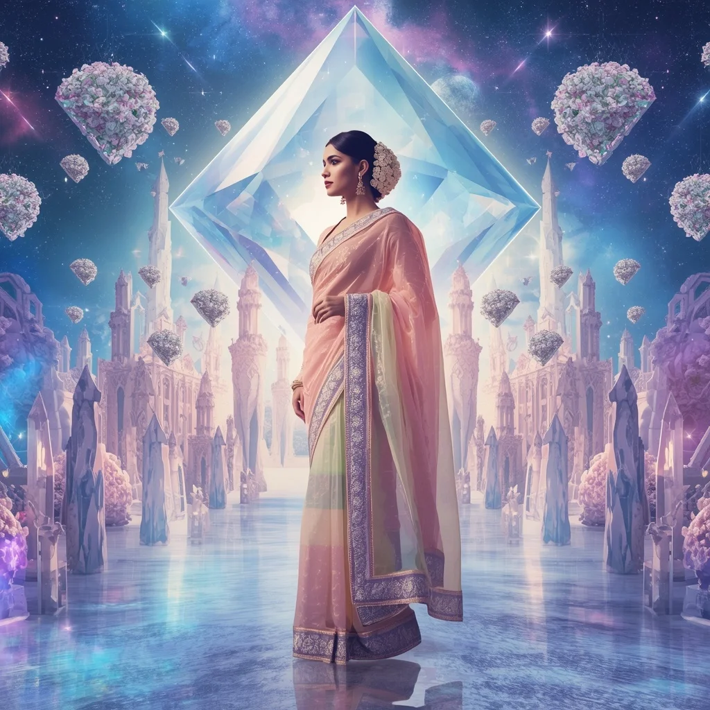 Festive Pastel Saree Eternal Aurora Diamond Supreme Celestial Realm Collage Cinematic Luxury | Prompt For Traditional Look For Girl Copy Paste