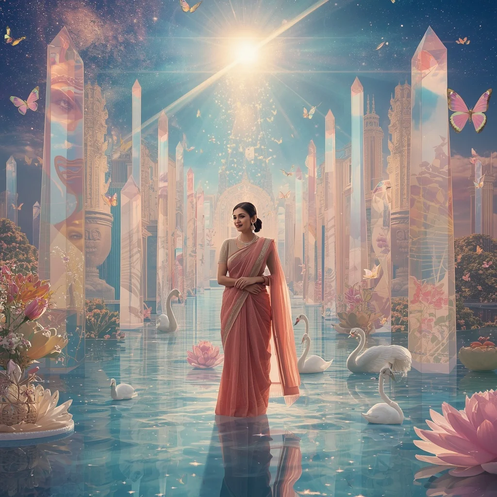 Festive Pastel Saree Eternal Crystal Aurora Paradise Empire Collage Luxury | Prompt Gemini