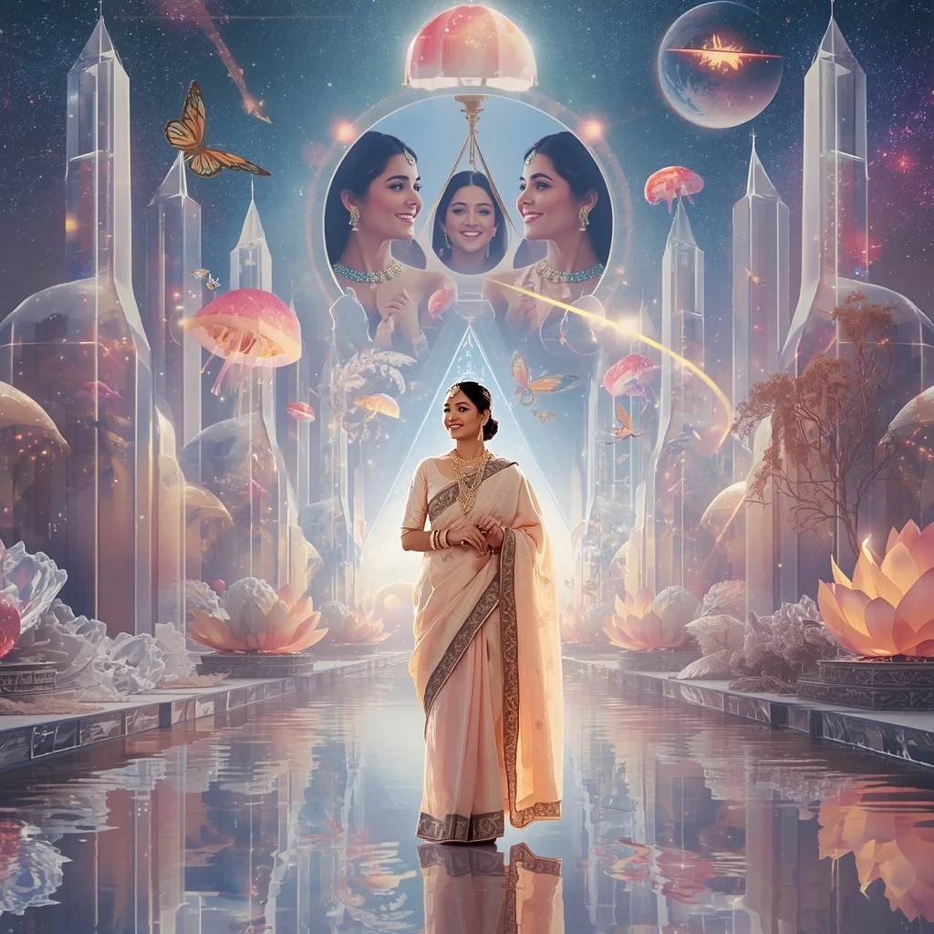 Festive Pastel Saree Eternal Crystal Celestial Infinity Realm Collage Luxury | Woman Pose Ai Prompt
