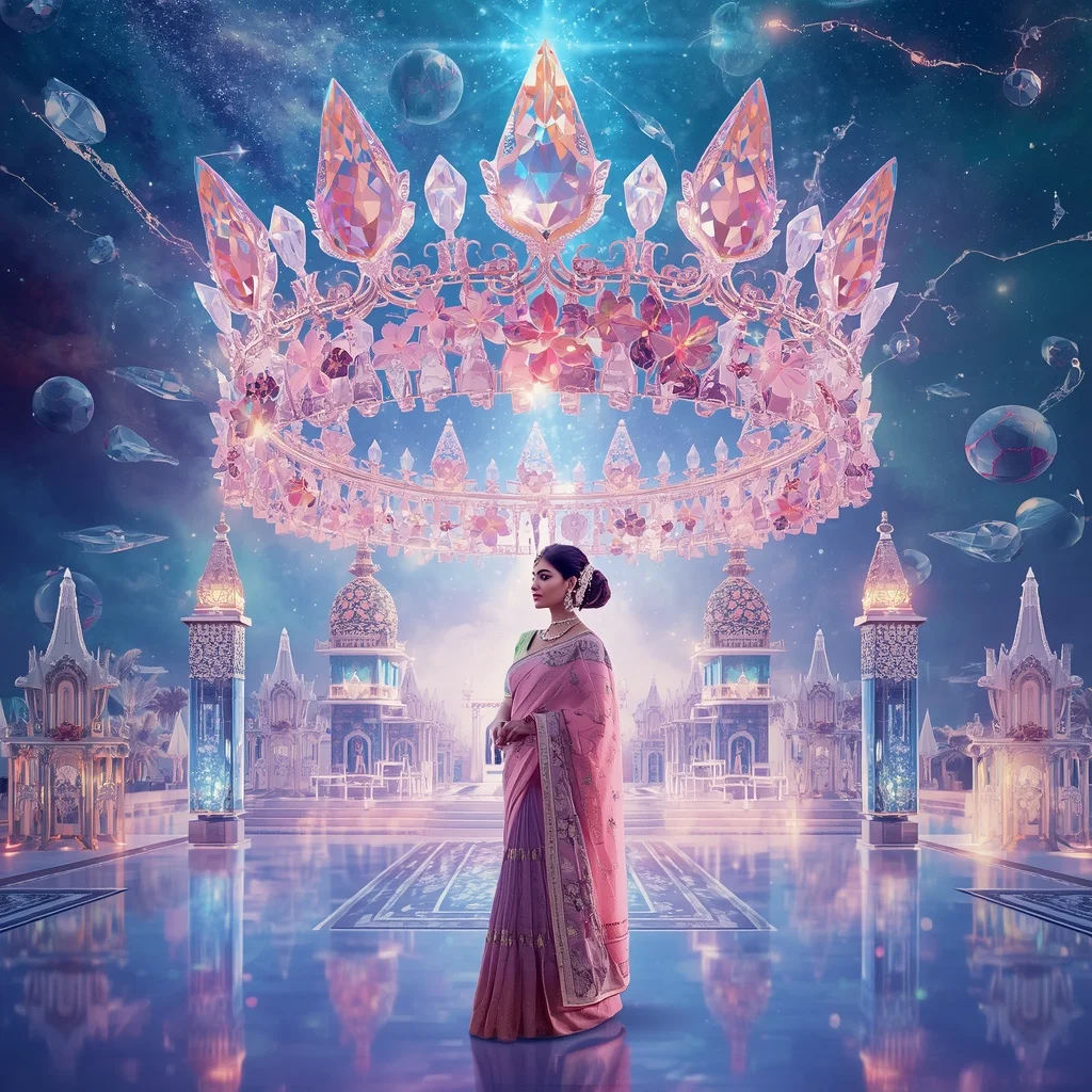Festive Pastel Saree Eternal Diamond Aurora Celestial Crown Collage Cinematic Luxury | Anime Ai Prompt