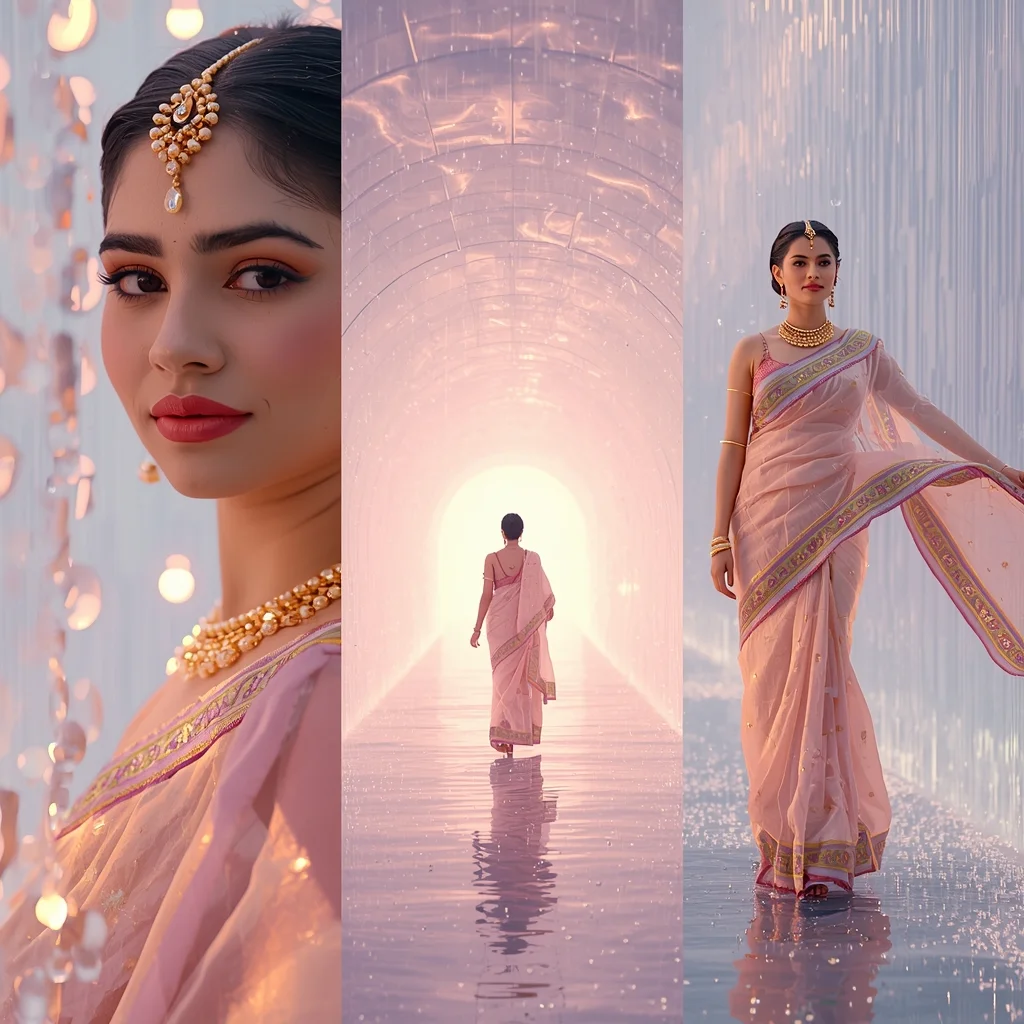 Festive Pastel Saree Ethereal Crystal Tunnel Rain Portal Collage | Spiral Fantasy Prompt | Desi Saree Ai Prompt