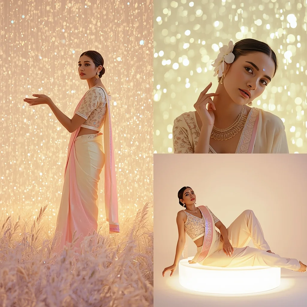 Festive Pastel Saree Ethereal Glow Space Diamond Light Rain | Modern Design Ai Prompt