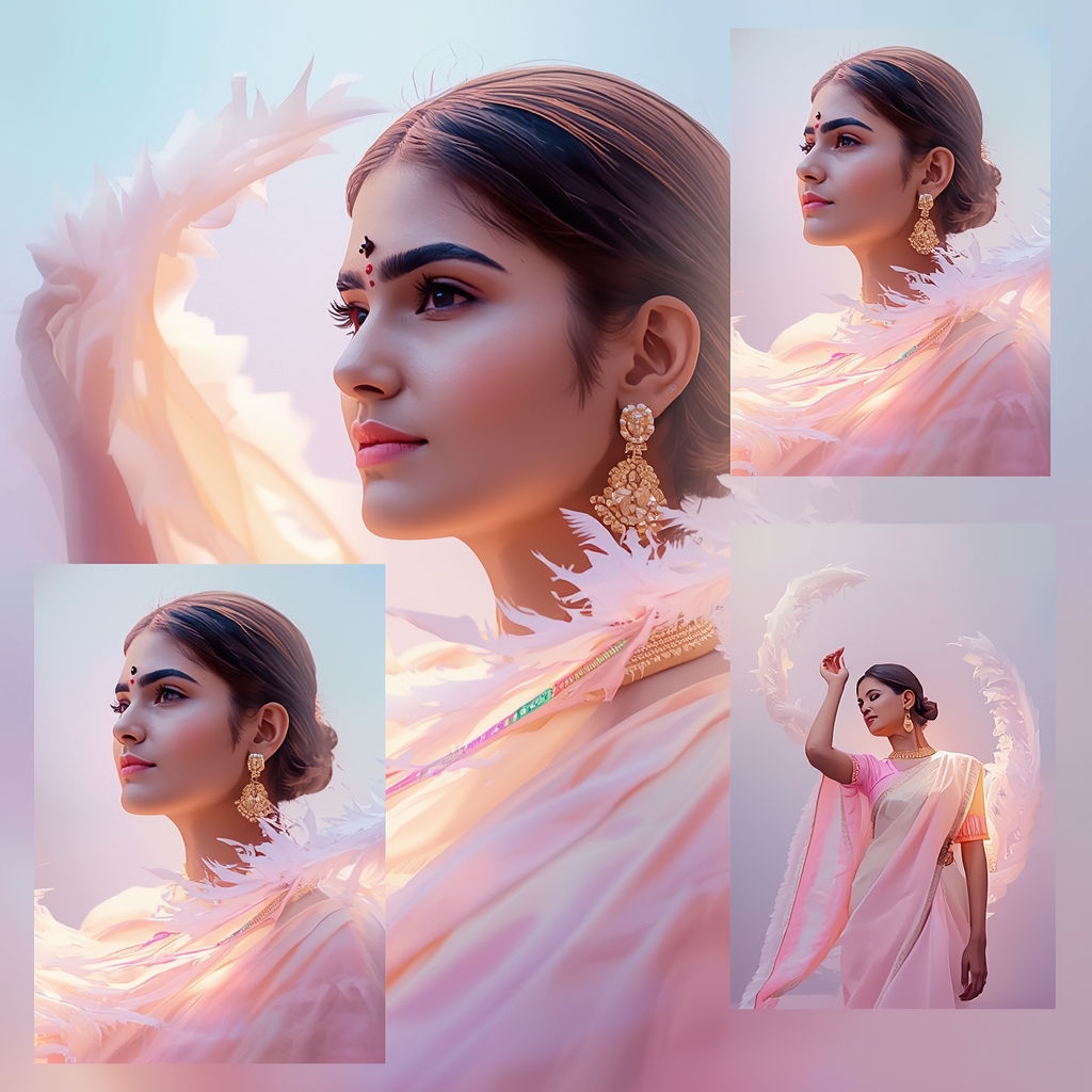 Festive Pastel Saree Feather Spiral Collage | Indian Girl Soft Motion Aesthetic Cinematic Viral Prompt | Ai Photo Editing Prompt