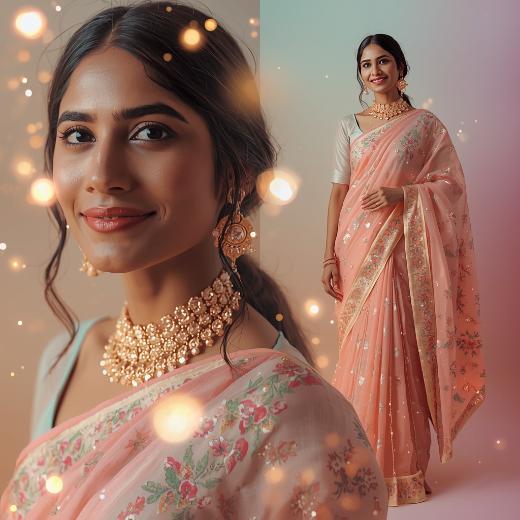 Festive Pastel Saree Firefly Glow Collage | Indian Girl Magical Light Aesthetic Soft Cinematic Ultra Realistic Viral Prompt | Modern Saree Ai Prompt