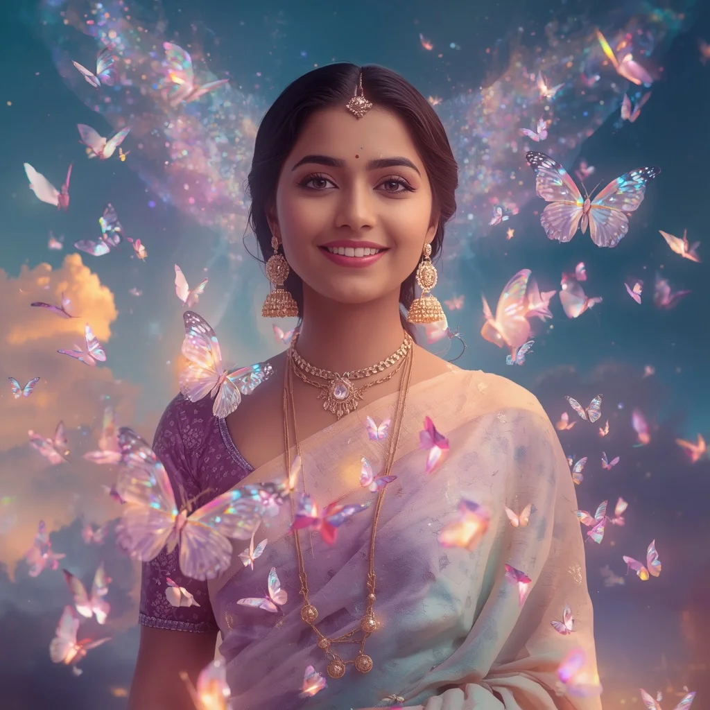 Festive Pastel Saree Floating Aurora Crystal Butterflies Collage Cinematic Premium | Prompt For Traditional Look On Instagram