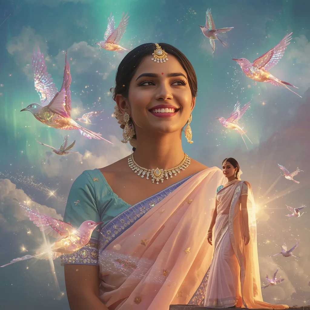 Festive Pastel Saree Floating Aurora Crystal Starbirds Collage Cinematic Premium | Prompt Seen Trending Girl 2026 Butterfly