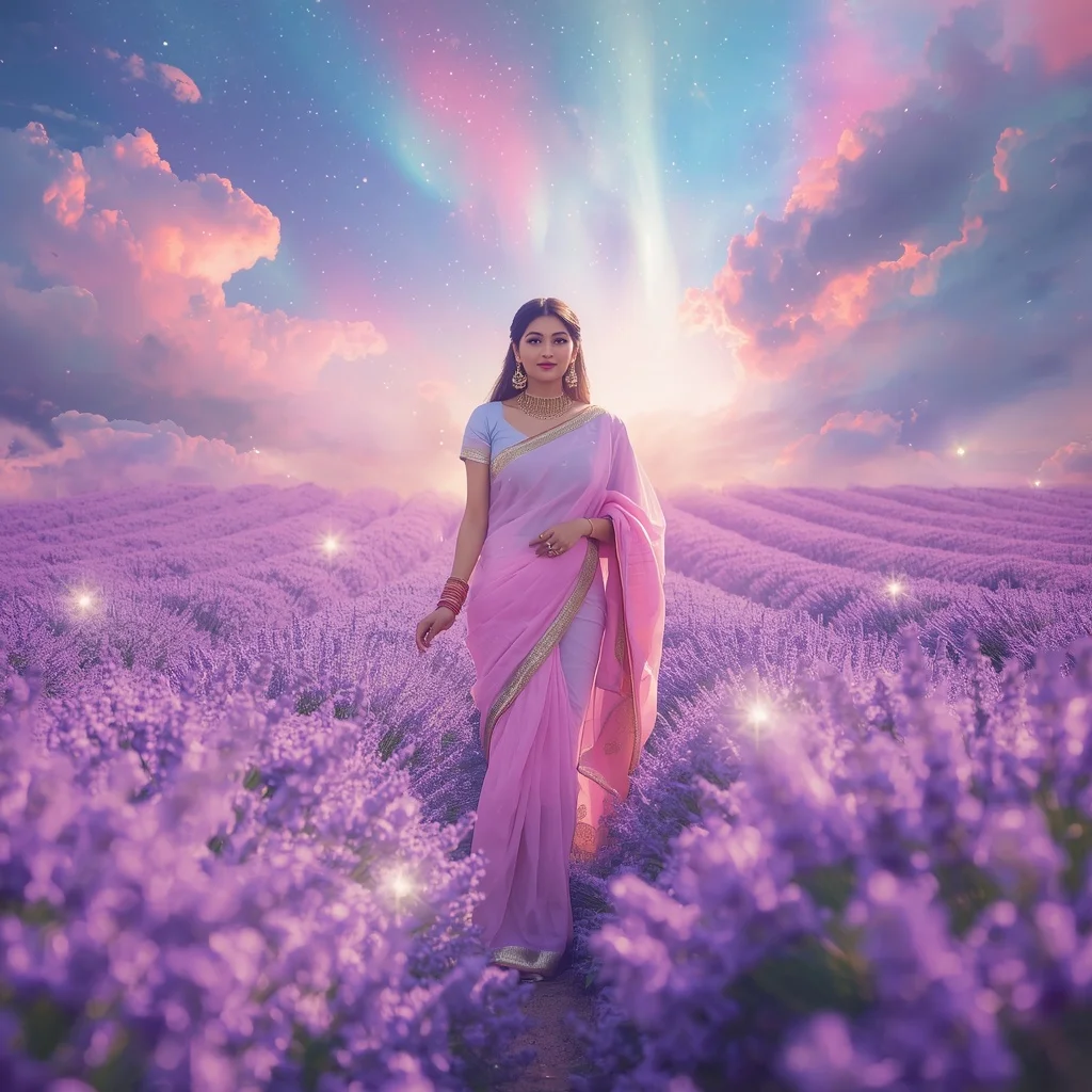 Festive Pastel Saree Floating Aurora Lavender Paradise Dream Collage | Lighting Ai Prompt