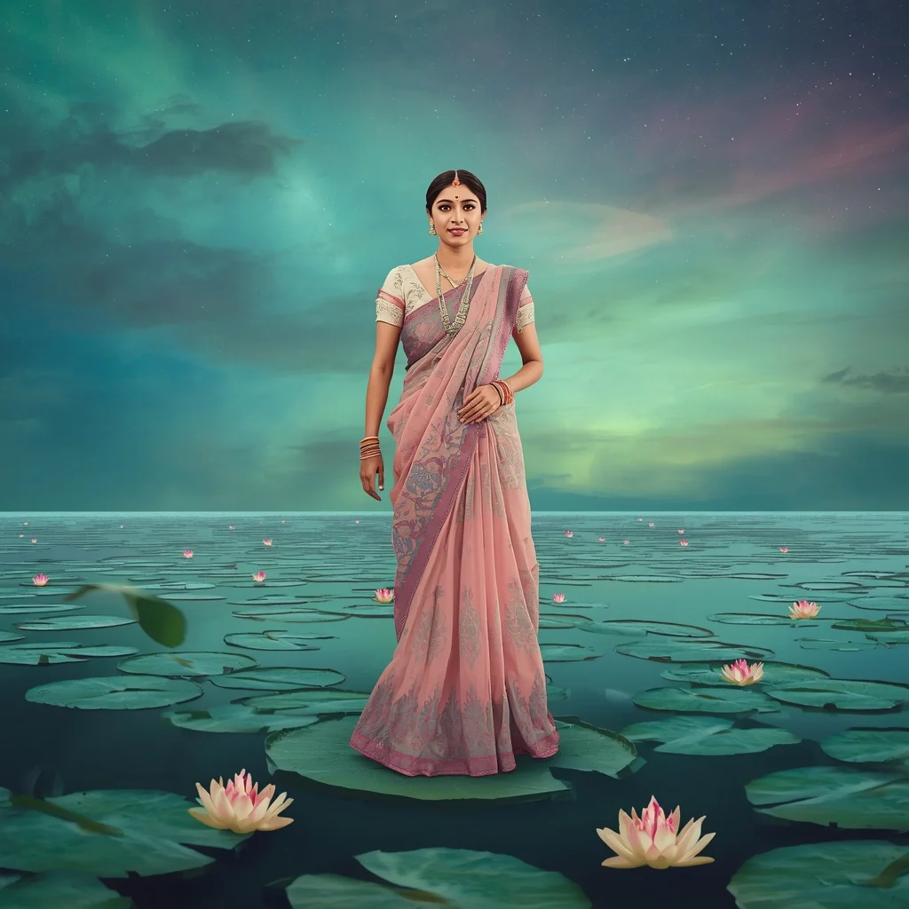 Festive Pastel Saree Floating Aurora Lily Islands Dream Collage | Desi Girl Ai Prompt